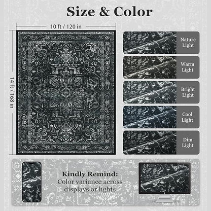 Black White Large 10x14 Area Rugs, Washable Non Slip Big Rug for Living Room Bedroom, Distressed Medallion Vintage Dark Big Carpet Rugs for Dinig Room Family Rooms, Low Pile Thin