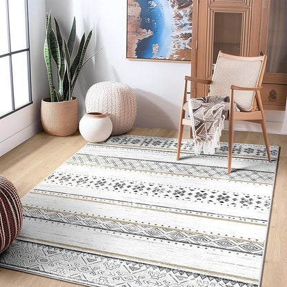 BESTSWEETIE 4x6 Area Rugs for Living Room Washable Moroccan Farmhouse Neutral Geometric Low Pile Non-Slip Soft Print Pattern Rug for Bedroom Kitchen Dining Room Entryway Black/Brown