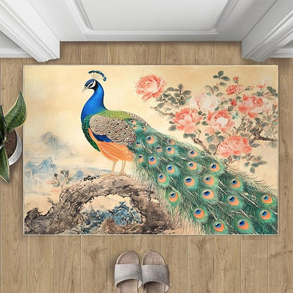 Peacock Peony Flower Area Rug 3x4-3x4 Rug, Classic Peacock Peony Rugs for Living Room, Oriental Carpet, Floral Animal Washable Area Rugs for Bedroom, Aesthetics Carpet - Peafowl Home Decor & Gifts