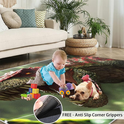 Dinosaurs Rugs for Bedroom - 5x6 Area Rug - 3D Dinosaurs Rugs for Living Room, Forest Animals Rug, Non-Slip Washable Home Decor Carpet