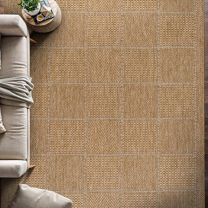Beverly Rug Easy Jute Checkered Squared Rug 8x10 Washable Durable Indoor Outdoor Area Rugs for Living Dining Room Patio Office Stain Resistant Non Shedding Casual Indoor Outside Carpet 8 x 10 Natural