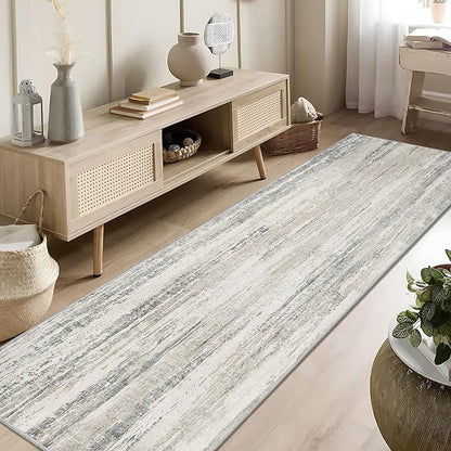 MUJOO Washable Runner Rug 2x8,Modern Abstract Area Rugs for Kitchen Hallways Bedroom Bedside Bathroom Laundry,Non Slip Throw Carpet Long Mat Indoor,Low Pile Accent Neutral Beige and Grey