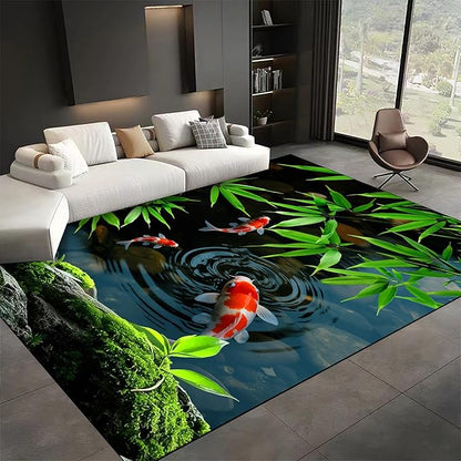 Pond Koi Fish Living Room Rug, 6x9ft, Summer Greenery Moss Stream Indoor Decor Carpet, with Non-Slip Backing Absorbent Thin Mat, Soft Easy Clean Washable Rugs for Office Entryway