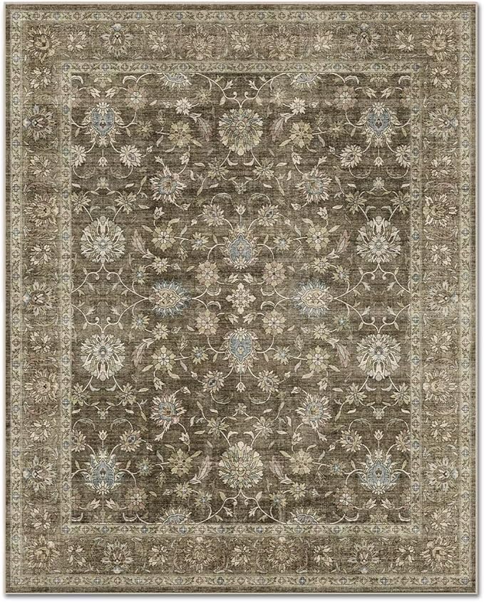 Washable 10x14 Area Rugs for Living Room, Boho Non-Slip Vintage Distress Large Rugs for Bedroom Dining Room Office, 0.3" Neutral Oriental Throw Thin Carpet, Tan/Flaxen/Multi