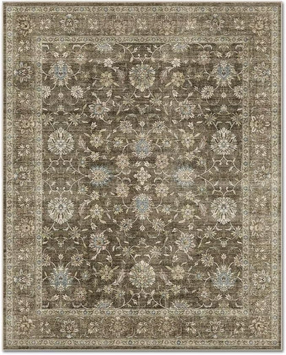 Washable 10x14 Area Rugs for Living Room, Boho Non-Slip Vintage Distress Large Rugs for Bedroom Dining Room Office, 0.3" Neutral Oriental Throw Thin Carpet, Tan/Flaxen/Multi