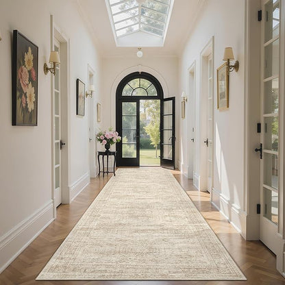 Runner Rug 2'6" x 10' Washable Non-Slip Runner Rugs for Kitchen Bathroom Laundry Room Vintage Ultra Thin Runners for Hallway Entryway Beige