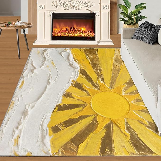 Boho Sun Area Rugs 5x6ft, Abstraction Deco Rugs for Kids Bedroom, Minimalist Sunburst Office Rug Low Pile are Not Stumbling Foot for Living Room End Table Nursery