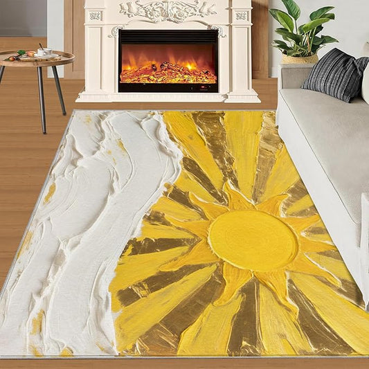 Boho Sun Area Rugs 3x4ft, Abstraction Deco Kids Bedroom Rug, Minimalist Sunburst Bedside Rug Durable Non Slip for Cafe Living Room Under Table Boys Room Decor