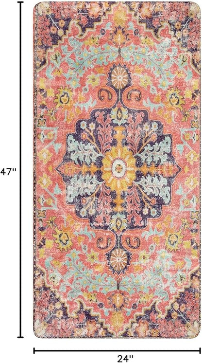 Lahome Bohemian Floral Medallion Runner Rug - 2x4 Hot Pink Bathroom Rug Runner, Machine Washable Non-Slip Hallway Mat Indoor Laundry Accent Carpet Runners for Kitchen Living Bedroom RV, Fuchsia/Multi