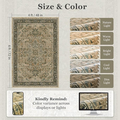 Vintage Medallion 4x6 Area Rugs for Living Room, Washable Non Slip Bedroom Bedside Throw Rug, Distressed Printed Low Pile Carpet for Entryway/Home Office/Kitchen, Multi Brown/Green
