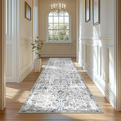 jinchan Kalen Runner Rug 3x7 Washable Hallway Rug Vintage Runner Indoor Floor Cover Thin Retro Distressed Floral Country Non Slip Carpet for Entryway Bathroom Kitchen Bedroom Living Room Stairway Blue