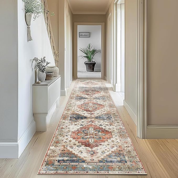 Enkor Runner Rugs for Hallway, 2.6x10.5 Washable Soft Non Slip Floor Rugs for Kitchen, Modern Mat for Living Room Bedroom Entryway Beige & Red