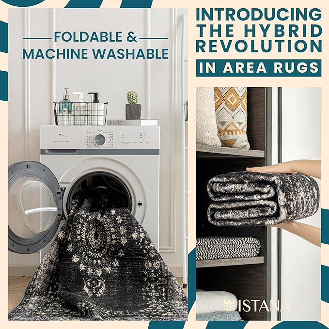 Istana 2x3 Area Rug - Black Boho Rugs for Living Room 2x3 - Foldable Small Rugs for Bedroom - Stain Resistant Washable Rug Non Slip - Eco-Friendly Area Rugs Indoor