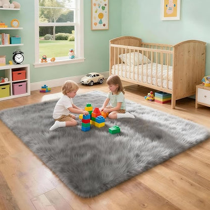 4x6 Solid Fluffy Grey Area Rug – Washable, Durable, Living Room Rug, Non-Slip High Pile Shag Rugs for Bedroom, Living Room, Bedside, Dorms, Nursery Rooms, Kids Room, Soft Indoor Floor Carpet