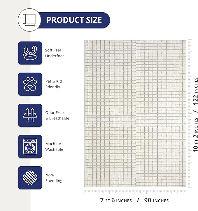 Abani Cream Grid Textured Area Rug - 8' x 10' - Chunky, Plush and Soft Washable Carpet - Perfect for Living Room & Bedroom - Plush Deco Collection