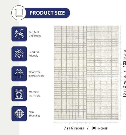 Abani Cream Grid Textured Area Rug - 8' x 10' - Chunky, Plush and Soft Washable Carpet - Perfect for Living Room & Bedroom - Plush Deco Collection