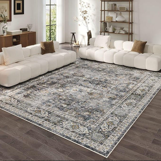 Rugcomf Area Rug 5x7 Washable Rug Boho Soft Non-Slip Non-Shedding Faux Wool Vintage for Living Room, Bedroom Rug, Farmhouse, Dining Room, Indoor, Kids Playroom (Grey)