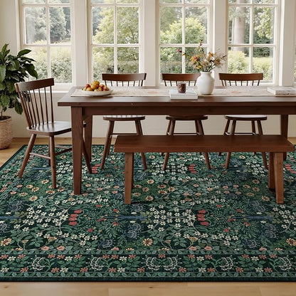 9x12 Area Rug Living Room Rug - Floral Vintage Forest Washable Carpet, Low Pile Non-Slip Stain Resistance Boho Soft Large Carpet for Bedroom, Dining Room Under Table, Farmhouse (9'x12' Dark Green)