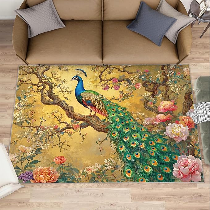 Peacock Peony Rugs for Bedroom - 6x9 Rug, Classic Peacock Peony Area Rugs for Living Room, Oriental Carpet, Floral Plant Washable Area Mat, Aesthetics Carpet - Peafowl Home Decor & Gifts