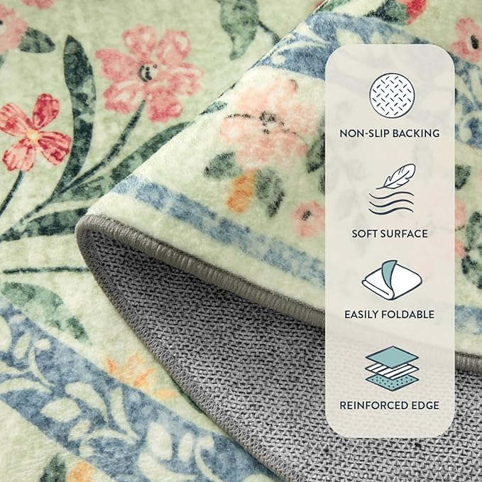 Lahome Machine Washable Area Rugs 8x10 Non Slip, Soft Boho Living Room Rugs, Ultra-Thin Vintage Cottage Throw Carpet for Home Office Dinning Room Kids Playroom, Green/Multi