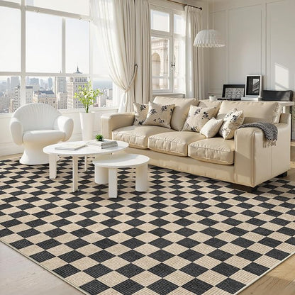 LIVEBOX 10x14 Area Rugs for Living Room, Checkered Non-Slip Washable Rugs, Farmhouse Neutral Classic Geometric Pattern Large Boys Area Rug for Bedroom, Carpet for Dining Room Office (Black,10'x14')