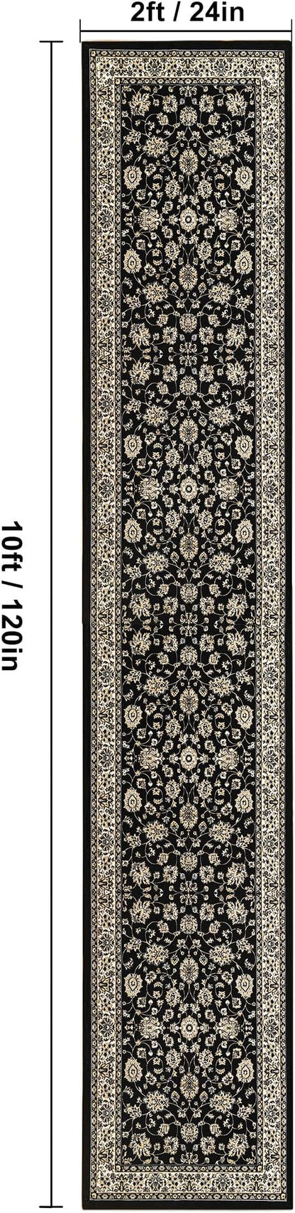 XWZO Runner Rug 2x10ft for Long Hallways, Washable Non-Slip Low Pile Area Rug with Rubber Backing, Spill Resistant Soft Vintage Floor Carpet for Kitchen Entryway Stair Landing Living Room, Black