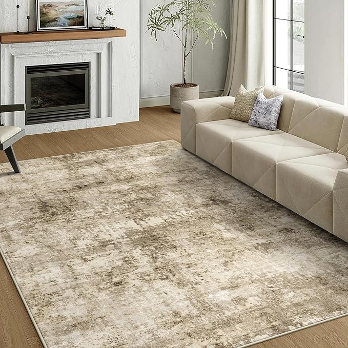 5x7 Machine Washable Area Rug for Living Room, Brown Modern Vintage Abstract Rug Large Non-Slip Low Pile Soft Faux Wool Carpet, Kids and Pets Friendly for Bedroom Dining Room Farmhouse Home Decor Rug