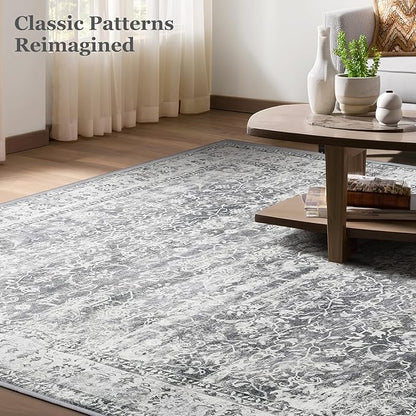 Vintage Neutral Large Area Rugs 9x12 for Living Room, Retro Grey Carpet Rug for Bedroom Dining Room, Washable Rug with Rubber Backing Low Pile Thin Soft for Family Room