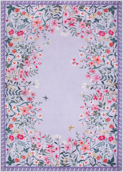 Wonnitar Washable Rug, 5x7 Purple Rugs for Living Room, Floral Print Non-Slip Pink Area Rugs for Bedroom Girls, Soft Large Throw Carpet for Kids Nursery Room (Purple,5'x7')