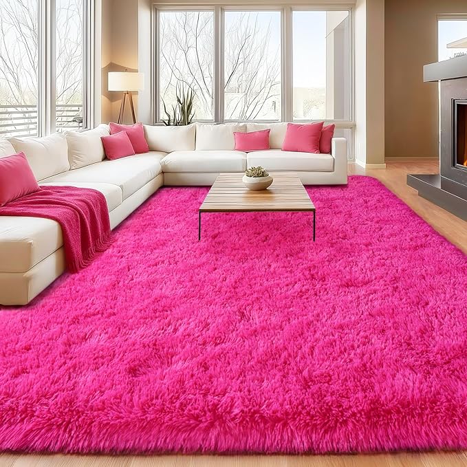 Fluffy Rugs for Living Room, Soft Shaggy for Bedrooms, Hot Pink Area Rug for Bedroom, Cozy Fuzzy Carpet for Kids, Perfect Indoor Decor for Boys and Girls 6x9 Feet