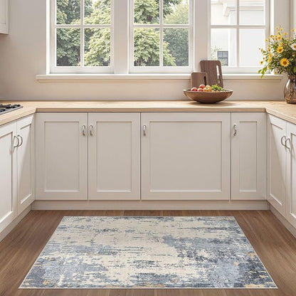 3x5 Area Rug Living Room Rugs - Washable Neutral Modern Abstract Soft Thin Rug Indoor Floor No Slip Rug Carpet for Bedroom Under Dining Table Home Office Decor - Blue/Light Brown