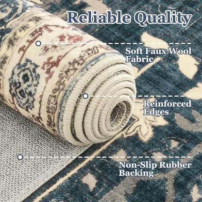 Large 10x14 Area Rugs, Washable Non Slip Big Rug for Living Room Bedroom, Distressed Medallion Vintage Big Carpet Rugs for Dinig Room Family Rooms, Low Pile Thin, Deep Blue/Multi