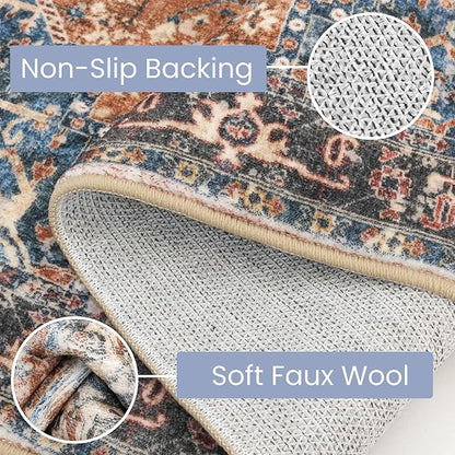 KOZYFLY Small Area Rug 2x3 Ft Rugs for Entryway Washable Boho Entry Rug Non Slip Door Mat Indoor Entrance Faux Wool Vintage Printed Kitchen Rug Throw Rugs for Entrance Kitchen, Red/Navy Blue/Brown
