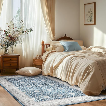 jinchan Floral Area Rugs 4x6 Machine Washable Vintage Distressed Boho Design Throw Rug Stain Resistant Carpet Low Pile Ultra-Thin Non-Slip for Bedroom Living Room Dining Room Kitchen(4‘x6', Drak Blue)