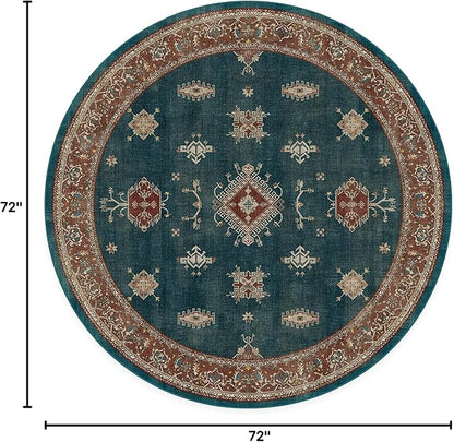 RUGGABLE Washable Vintage Area Rug – Verena Teal Blue 6 ft Round, Stain-Resistant, Non-Slip – Medium Machine Washable Rugs for Living Room, Bedroom, Hallway, Entryway & Office–with Standard Pad