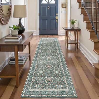 WITSHOCK Washable 3x10 Long Runners Rugs for Hallways,Vintage Neutral Hallway Rugs for Entryway Kitchen Bedroom,Vintage Farmhouse Home Decor(Teal Blue,3x10)