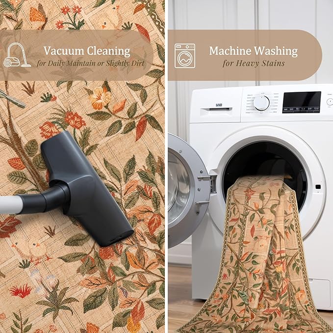 Morebes Boho Kitchen Runner 8 ft, Floral Halway Runner Rugs Non Silp Washable, Soft Low-Pile Flower Botanical Indoor Floor Throw Carpet for Entryway Bedside Bathroom, Brown