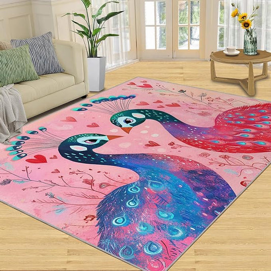 Cartoon Peacock Rug Large - 5x7 Rug, Colorful Peacock Washable Rugs for Living Room, Floral Botanical Carpet, Boho Non-Slip Area Rugs for Bedroom, Peafowl Carpet - Peafowl Home Decor & Gifts