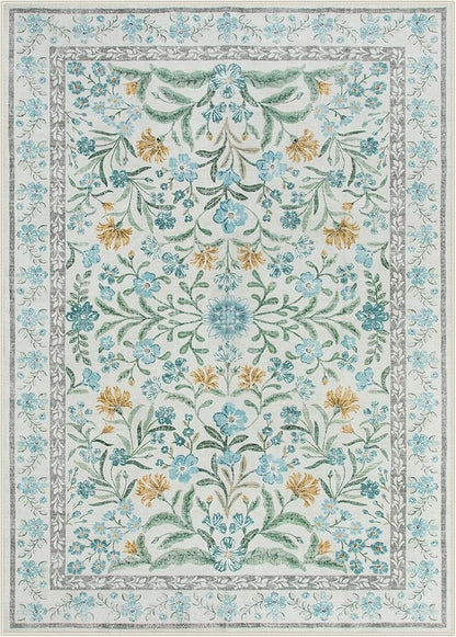 Lahome Blue 5x7 Area Rugs for Living Room, Boho Floral Washable Girls Bedroom Rug, Soft Retro Non-Slip Kids Nursery Carpet for Playroom Apartment Decor