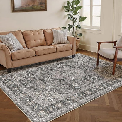 5x7 Washable Vintage Area Rug Black Grey Living Room Bedroom Carpet Non-Slip Soft Low Pile Distressed Indoor Throw Rug for Dining Room Entryway Office