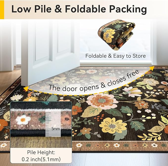 Floral 8x10 Area Rug Machine Washable Soft Print Boho Carpet Non Slip Doormat Low Pile Flower Area Rugs for Living Room Bedroom Nursery Kitchen Dining Room Indoor-Black/Yellow/Red