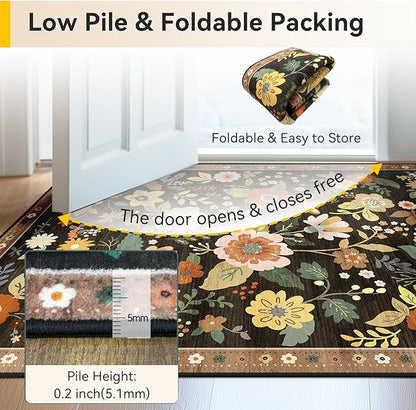 Floral 4x6 Area Rug Machine Washable Soft Print Boho Carpet Non Slip Doormat Low Pile Flower Area Rugs for Living Room Bedroom Nursery Kitchen Dining Room Indoor-Black/Yellow/Red