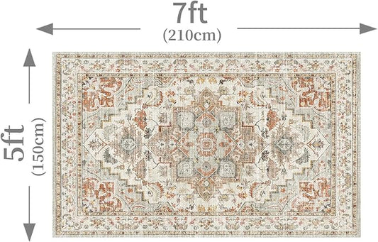 Enkor Area Soft Rugs 5x7 Washable Non Slip Boho Floor Rugs for Living Room Bedroom, Vintage Style Farmhouse Mat for Kitchen Entryway Beige & Orange