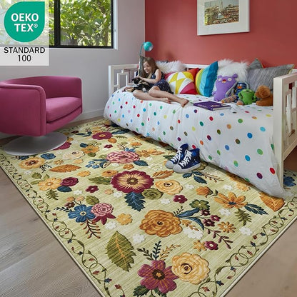 5x8 Machine Washable Area Rug for Living Room, Green Vintage Boho Floral Rug Large Non-Slip Low Pile Soft Faux Wool Carpet, Kids and Pets Friendly for Bedroom Dining Room Farmhouse Home Decor Rug