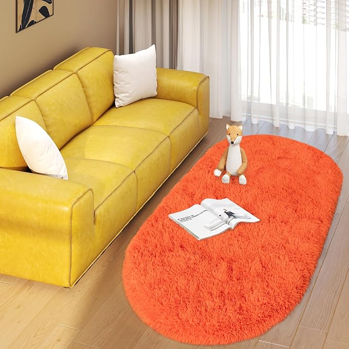 Soft Fluffy Area Rug for Bedroom, Orange Fuzzy Shaggy Oval Throw Rugs for Bedside, Non-Slip Cozy Plush Shag Carpet for Girls Kids Room Nursery Dorm Living Room, 2.6 x 5.3 Feet
