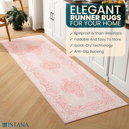 Istana Hallway Runner Rug 2.5x8 - Pink Kitchen Rugs Non Slip Washable -Silk's Soft Touch Carpet Runner - Stylish Runner Rugs for Home