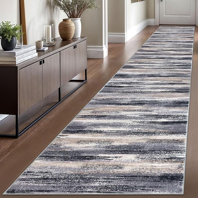 Modern Abstract Runner Rug 2.6x16, Grey Black Multi Washable Long Kitchen Runner Non-Slip Soft Hallway Rug Runner Thin Print Faux Wool Carpet for Entryway Bedroom Laundry Room Indoor Home Decor