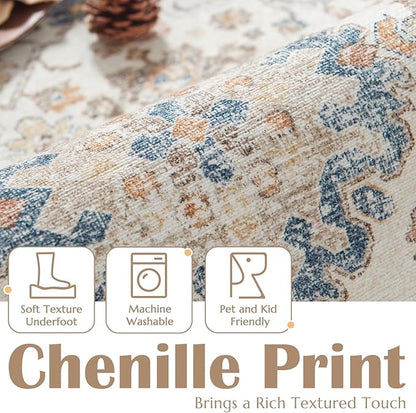 jinchan Area Rug 8x10 Washable Living Room Rug Vintage Distressed Orange Multi Floral Floor Cover Indoor Mat Retro Carpet Bedroom Office Kitchen Farmhouse