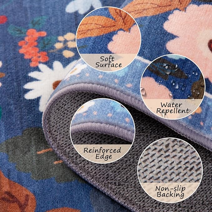 Floral 5x7 Area Rug Machine Washable Soft Print Boho Carpet Non Slip Doormat Low Pile Flower Area Rugs for Living Room Bedroom Nursery Kitchen Dining Room Indoor-Blue/Grey