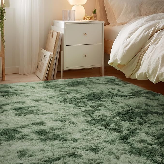 Andency 6x9 Area Rugs, Large Shag Fluffy Soft Shaggy Rugs for Living Room Bedroom, Non-Slip Tie-Dyed Army Green Thick Plush Carpet for Kids Girls and Boys, Dorm Nursery Home Decor Aesthetic